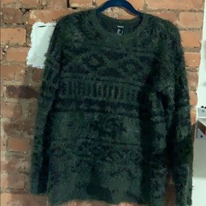 Oversized Green Patterned Fuzzy Sweater